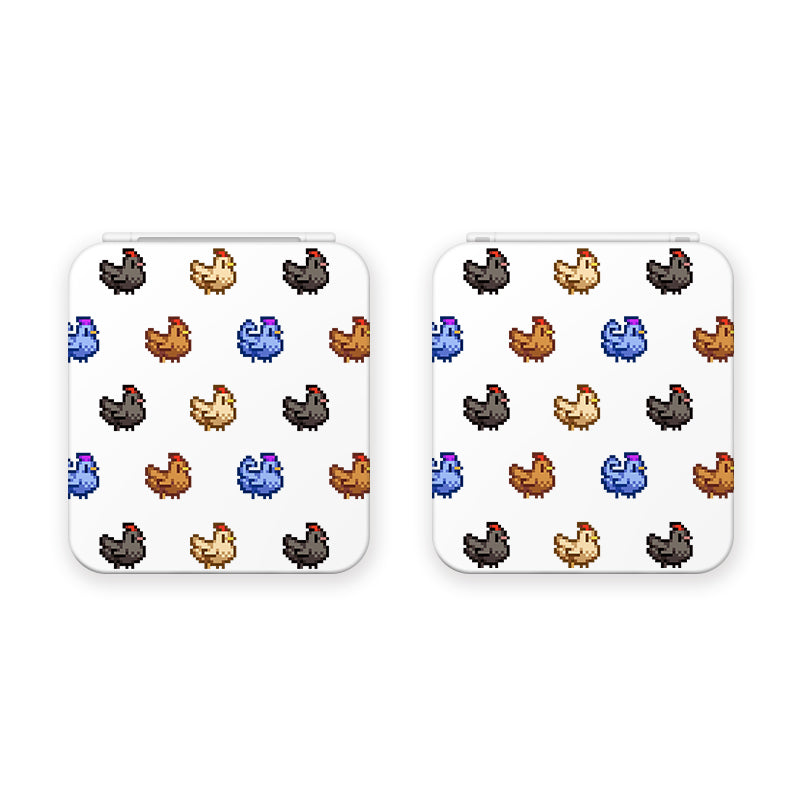 An image features two square "Chicken Stardew Valley Game Card Boxes" for Nintendo Switch by petimint, each adorned with a repeating pattern of pixelated chickens in brown, black, blue, and beige on a white background. Ideal for the cozy gamer's collection, these boxes seamlessly merge fun gaming aesthetics with practicality. They are displayed side by side with identical patterns on both.