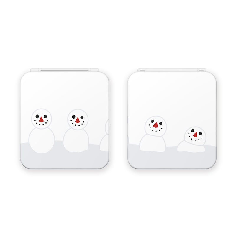 Two adjacent square-shaped Snowboy Animal Crossing Game Card Boxes for Nintendo Switch by petimint, featuring simple snowman-themed drawings. The box on the left displays two snowmen with three snowballs for bodies, while the one on the right shows two snowmen with two snowballs for bodies. These white card boxes are perfect for cozygamer apparel and add a touch of winter fun.
