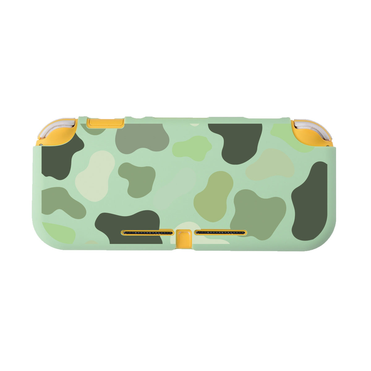 The Matcha Cow LITE Case for Nintendo Switch by petimint is a rectangular, green protective case with a stylish camouflage pattern and yellow highlights, perfect for the cozygamer who values both style and protection.