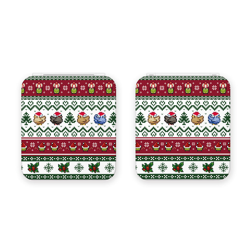 The Stardew Christmas Game Card Box for Nintendo Switch by petimint is a white container adorned with festive holiday sweater patterns. It features rows of cartoon cats, Christmas trees, hearts, and gift boxes in cheerful red, green, and white colors arranged horizontally, creating a cozy atmosphere perfect for your gaming sessions during the holidays.