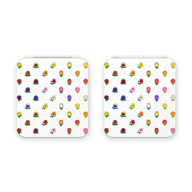 Add a touch of style to your Nintendo Switch gaming setup with the petimint Flower Crossing Game Card Box. This set includes two square-shaped boxes with white backgrounds, each featuring an evenly-spaced, colorful pattern of various small flower illustrations in red, yellow, purple, pink, and orange hues.