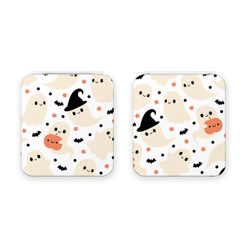 The Spooky Ghost Game Card Box for Nintendo Switch by petimint features a charming Halloween-themed design, perfect for gaming decor. This white game card box showcases smiling ghosts, some wearing witch hats, accompanied by small black bats, orange pumpkins, and stars on a white background. The animated characters have a playful and cheerful appearance.