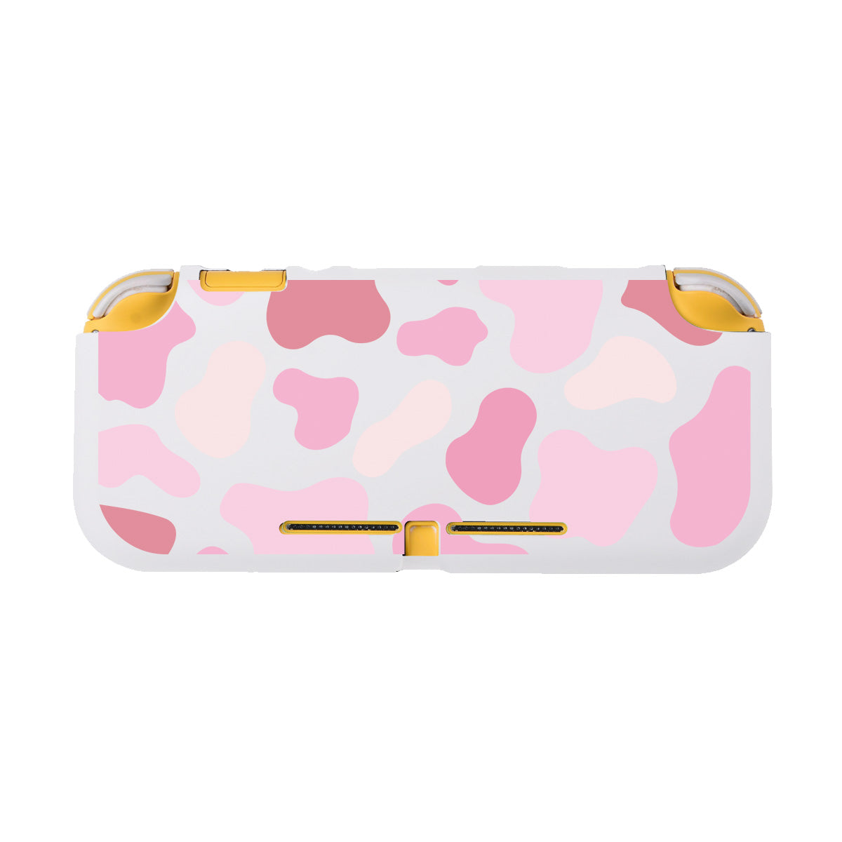 Introducing the Strawberry Cow LITE Case for Nintendo Switch by petimint: This delightful accessory features a white background adorned with a lovely pink and peach camouflage pattern. The side buttons and triggers are highlighted in yellow, making it the perfect addition to any cozygamer's setup.