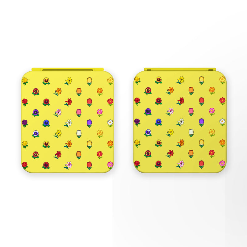 The petimint Flower Crossing Game Card Box for Nintendo Switch comes in a pair of square, bright yellow cases, each enhanced with unique, colorful flower designs in a repeating pattern. The individual arrangements and variations of flowers give each case its own distinct charm. These lively cases add a playful touch to your Nintendo Switch gaming accessories with their vibrant floral print.