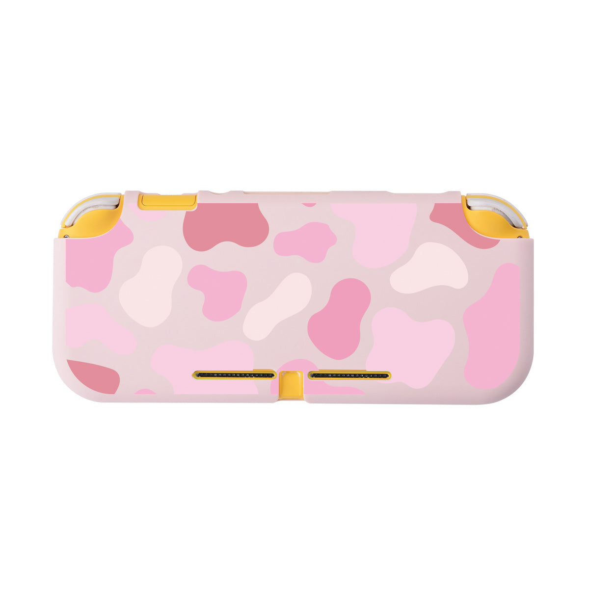 Introducing the petimint Strawberry Cow LITE Case for Nintendo Switch, a gaming console case adorned with a delightful pink cow pattern. This case, perfect for any gamer, features an array of pale pink, white, and various shades of pink spots. Yellow accents enhance the corners and buttons.