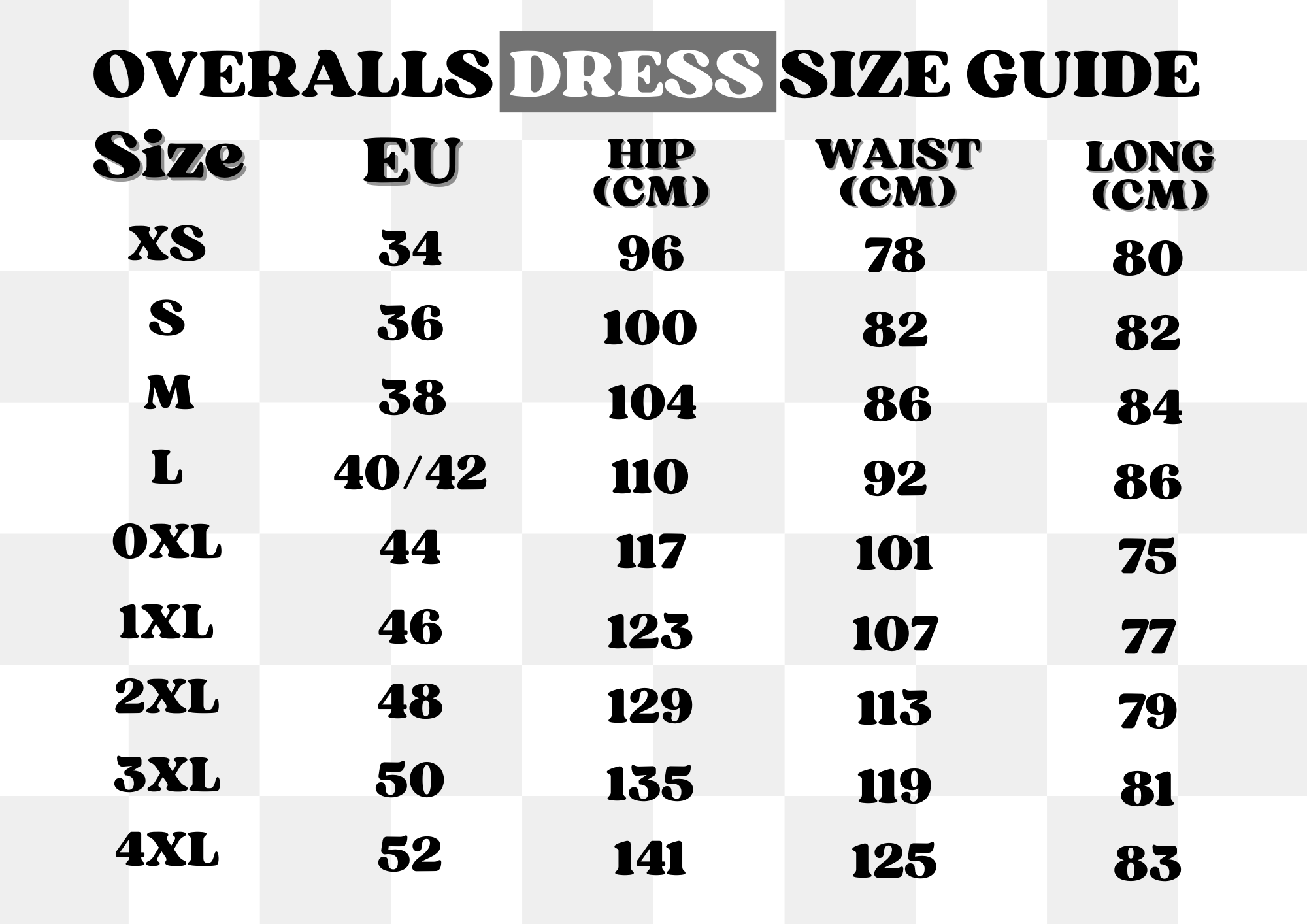 Introducing the size guide for the Stardew Brown Cow Overalls Dress by petimint, perfect for the cozygamer. Available in sizes from XS to 4XL with corresponding EU sizes and measurements in centimeters for Hip, Waist, and Length. For example: XS (EU Size 34), Hip: 96 cm, Waist: 78 cm, Length: 80 cm. Sizes increase up to the largest option, which is 4XL (EU Size 52), ensuring a comfortable fit for every gamer.