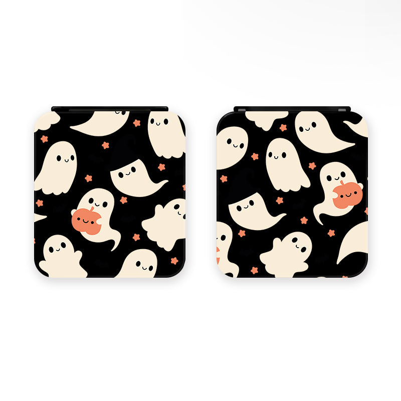 A playful and whimsical design featuring cute, smiling ghost characters against a black background for the Spooky Ghost Game Card Box for Nintendo Switch by petimint. Some of the ghosts are holding small orange pumpkins, and there are tiny orange stars scattered around—perfect for gamer apparel.