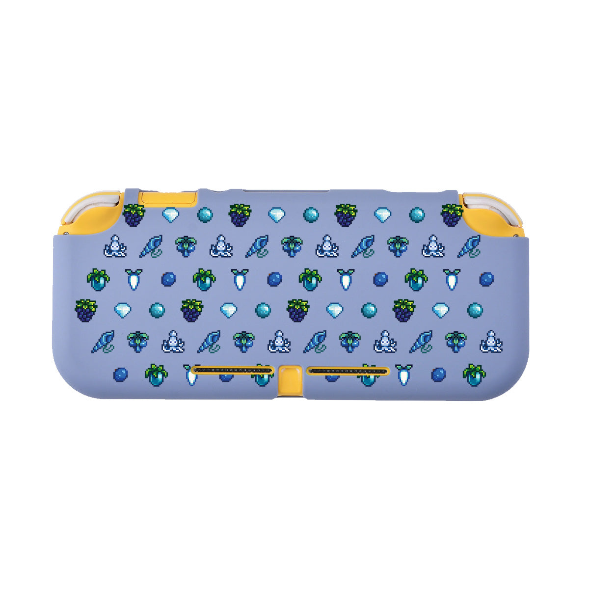 Introducing the Grey Stardew Items LITE Case for Nintendo Switch by petimint, featuring a light blue handheld gaming console case adorned with small scattered patterns such as green leaves, yellow-orange fruits, blue crystals, and white animal heads. The edges are accented with yellow and white details—making it the perfect accessory for any gamer.