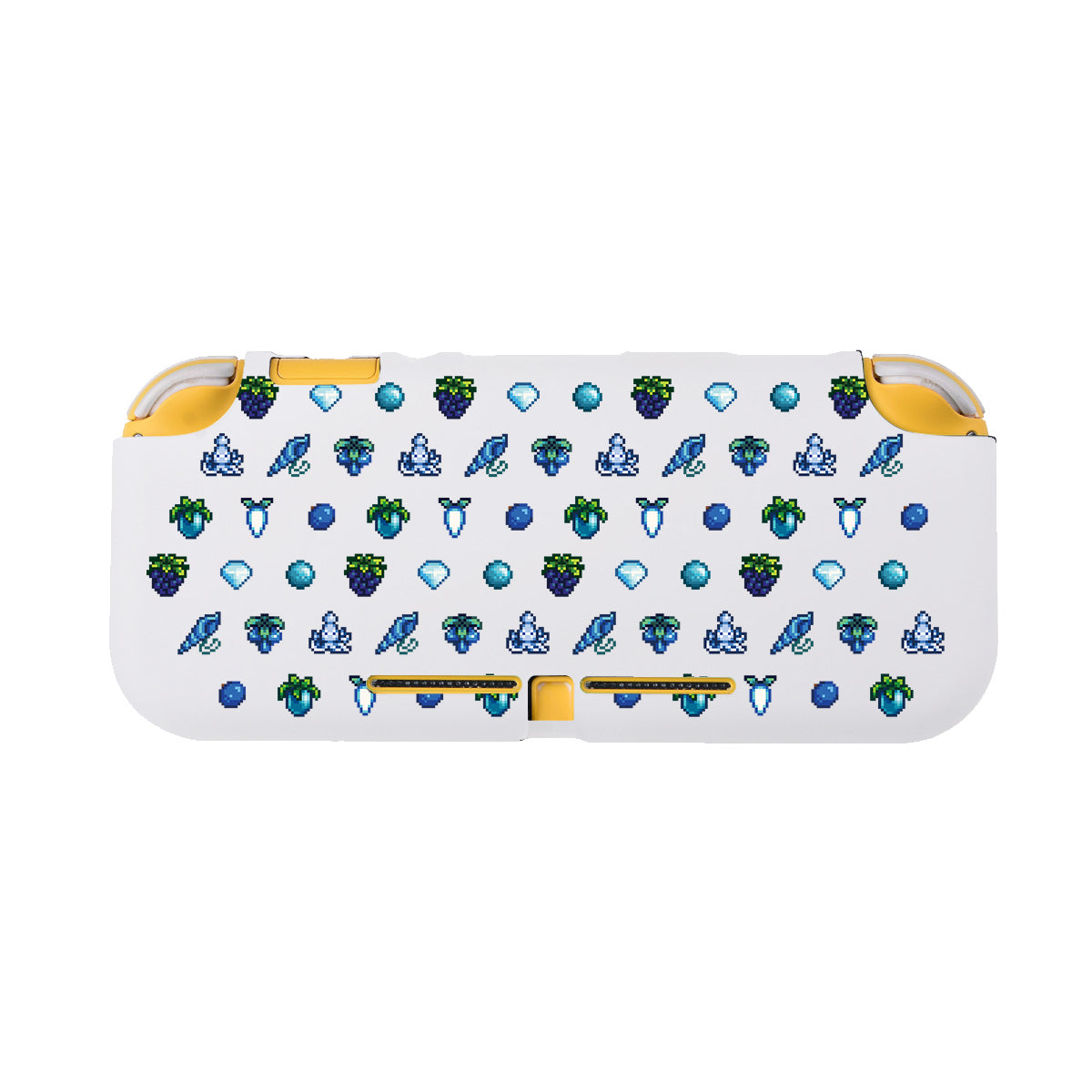 The Blue Stardew Items LITE Case for Nintendo Switch by petimint is a white gaming console back cover adorned with a repeating pattern of small pixelated designs in blue, green, and black, showcasing turtles, fish, raspberries, and diamonds. The top corners and center are highlighted with yellow accents—a perfect fit for any cozygamer looking to personalize their setup.