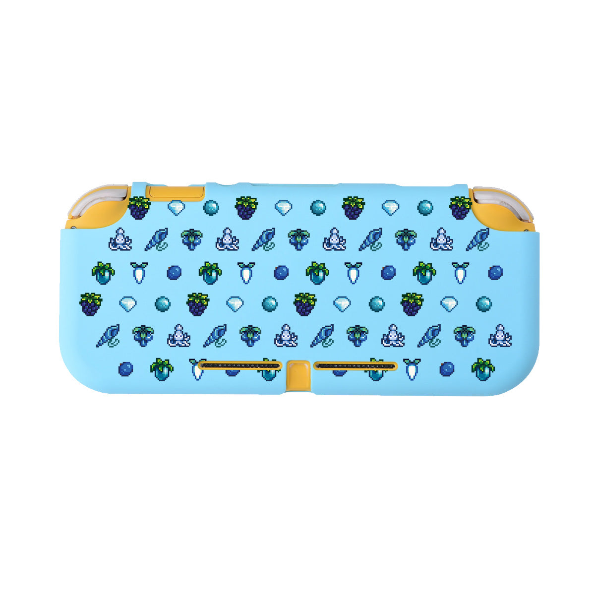 Check out the Blue Stardew Items LITE Case for Nintendo Switch by petimint—a rectangular blue case adorned with a delightful repeating pattern of small pixelated designs like grapes, gemstones, and butterflies. Yellow accents at the top and bottom edges add extra charm, making it the perfect accessory to give your Nintendo Switch a touch of gaming flair.