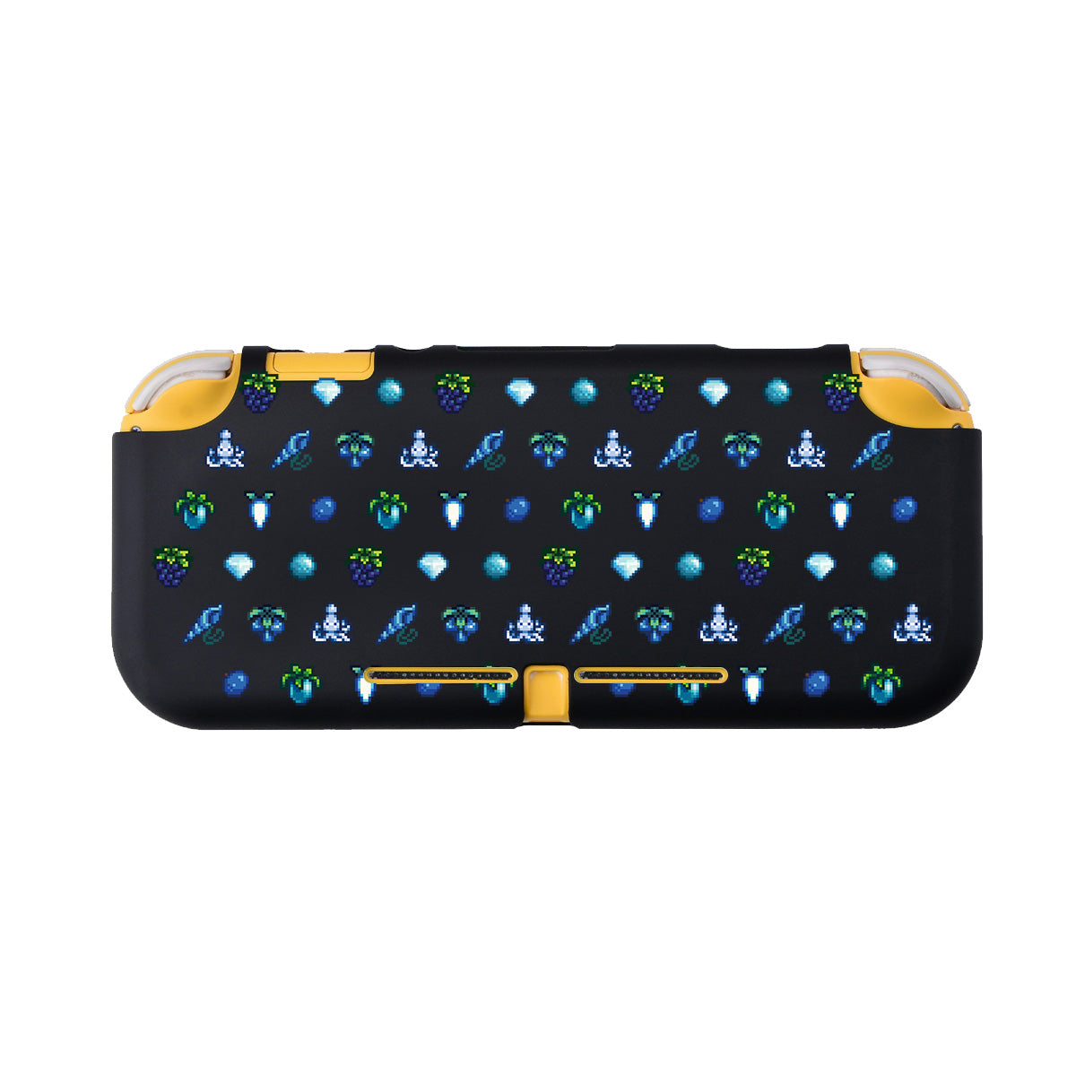 The Blue Stardew Items LITE Case for Nintendo Switch by petimint is a rectangular, black handheld gaming console case with yellow edges designed for the cozygamer. The case features a repeating pattern of small, brightly colored icons including diamonds, berries, wolves, and other symbols on a dark background.