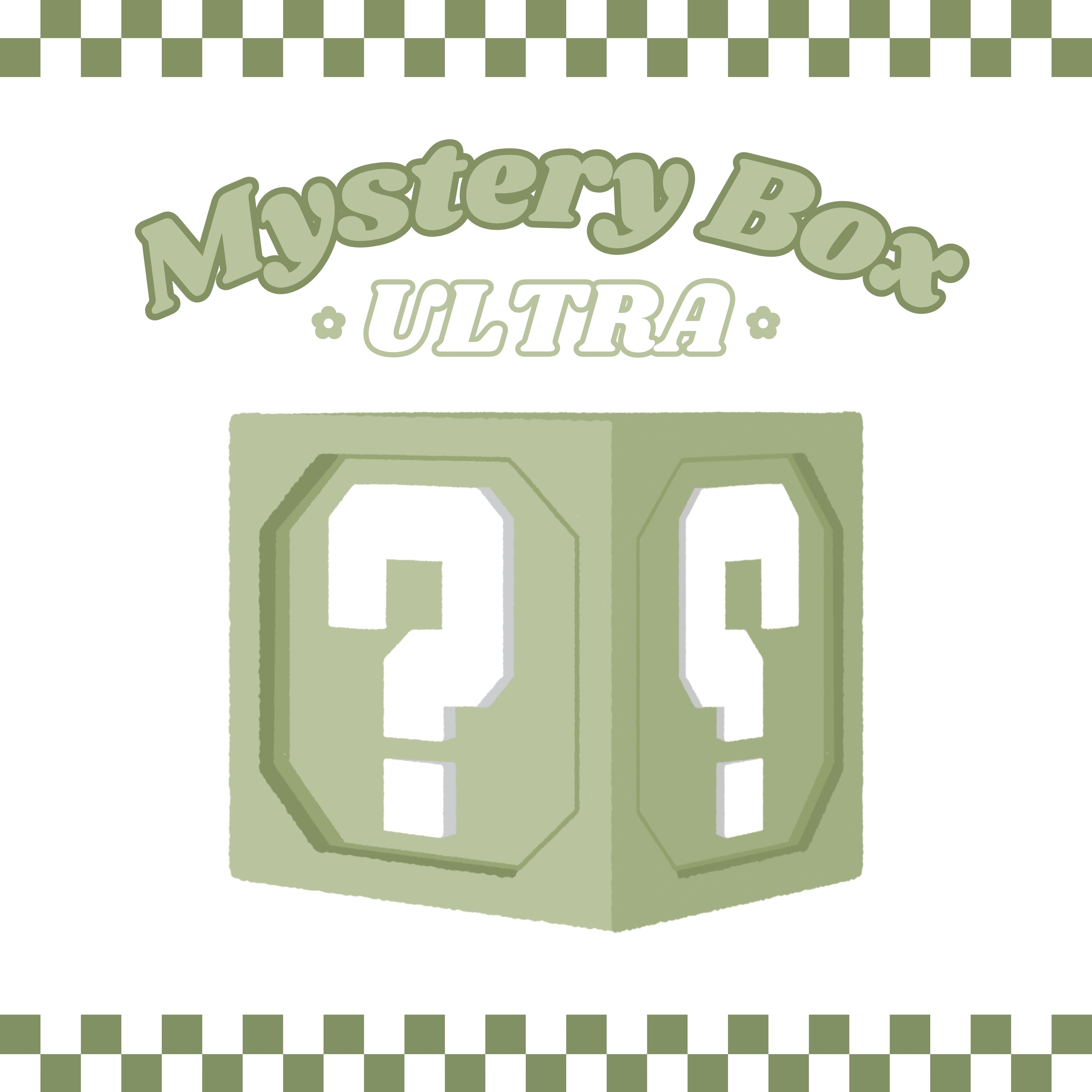An image of the three-dimensional Mystery Box Ultra, branded by petimint, showcases a green box adorned with question marks on its sides. Above the box is stylized text reading "Mystery Box Ultra." The gamer-themed design is completed with top and bottom borders in a green and white checkerboard pattern.