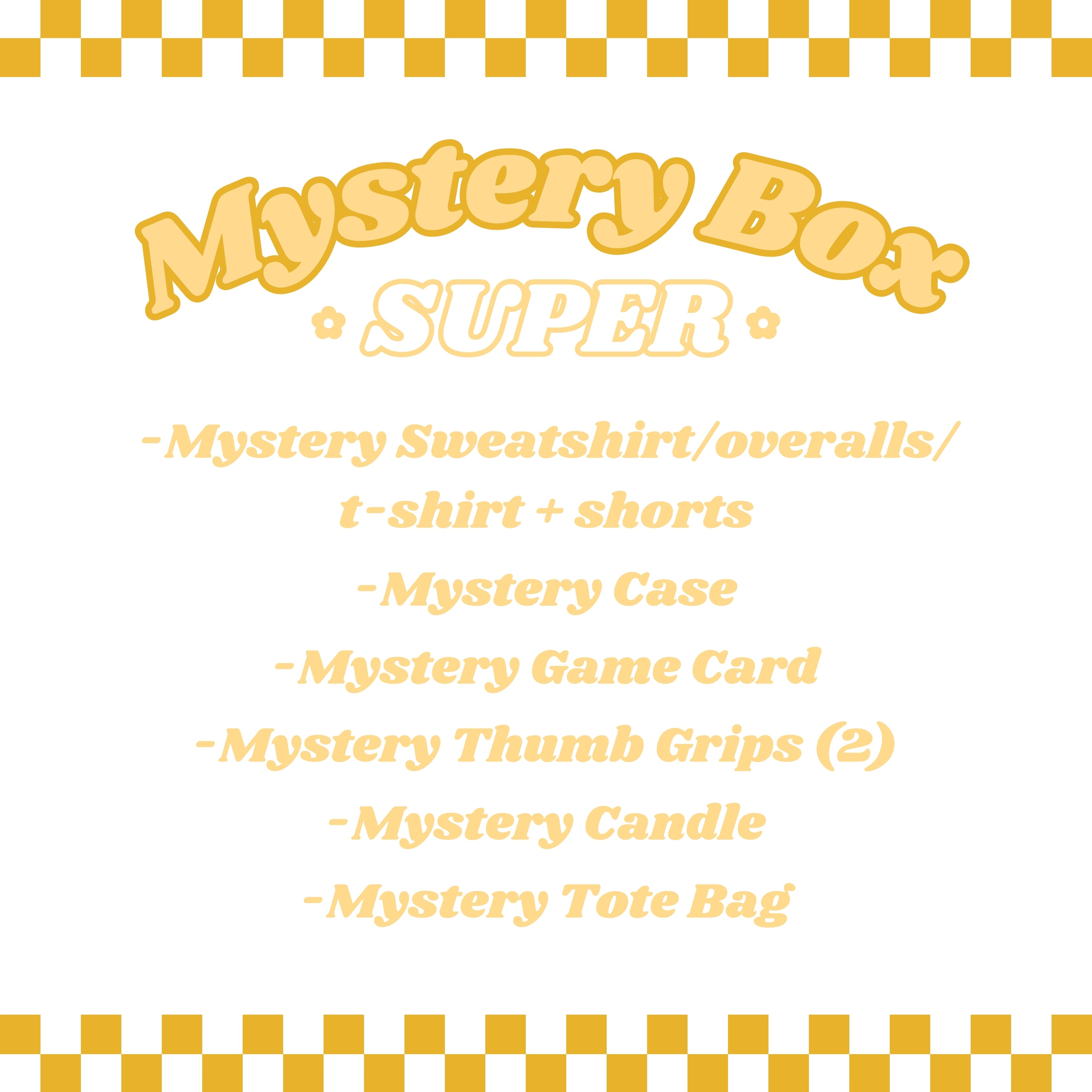 A promotional image for the "Mystery Box Super" from petimint featuring a yellow checkerboard border and playful yellow text. Perfect for the cozy gamer, the box includes various mystery items: a sweatshirt, overalls, t-shirt and shorts, a case, a game card, two thumb grips, a candle, and a tote bag.