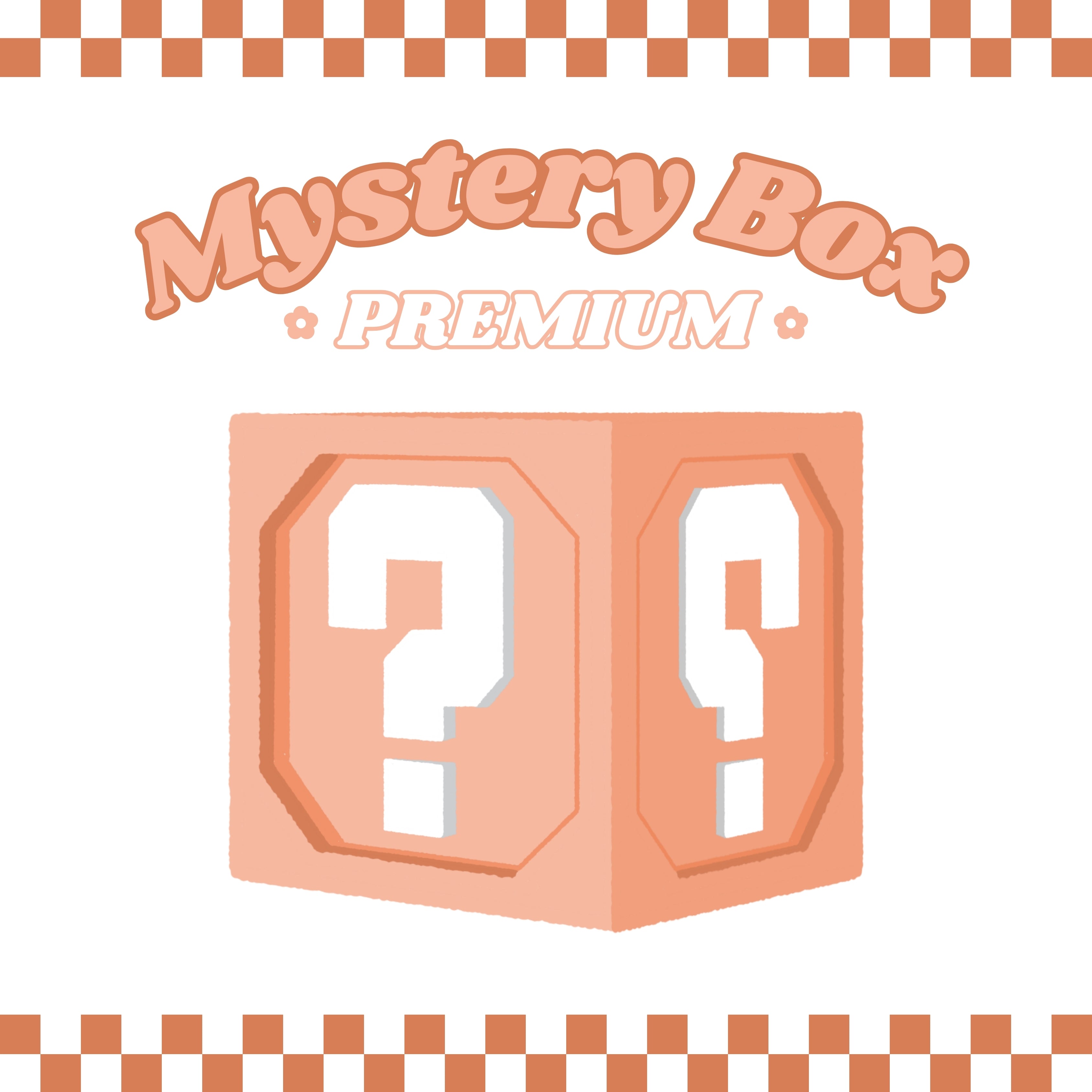 A depiction of a peach-colored 3D box adorned with white question marks on its sides. The text above the box reads "Mystery Box Premium" in a bold, curly font, followed by "petimint" in a sleek, white font below that. A checkered border in peach and white frames the image, imparting an intriguing Halloween vibe for avid gamers.