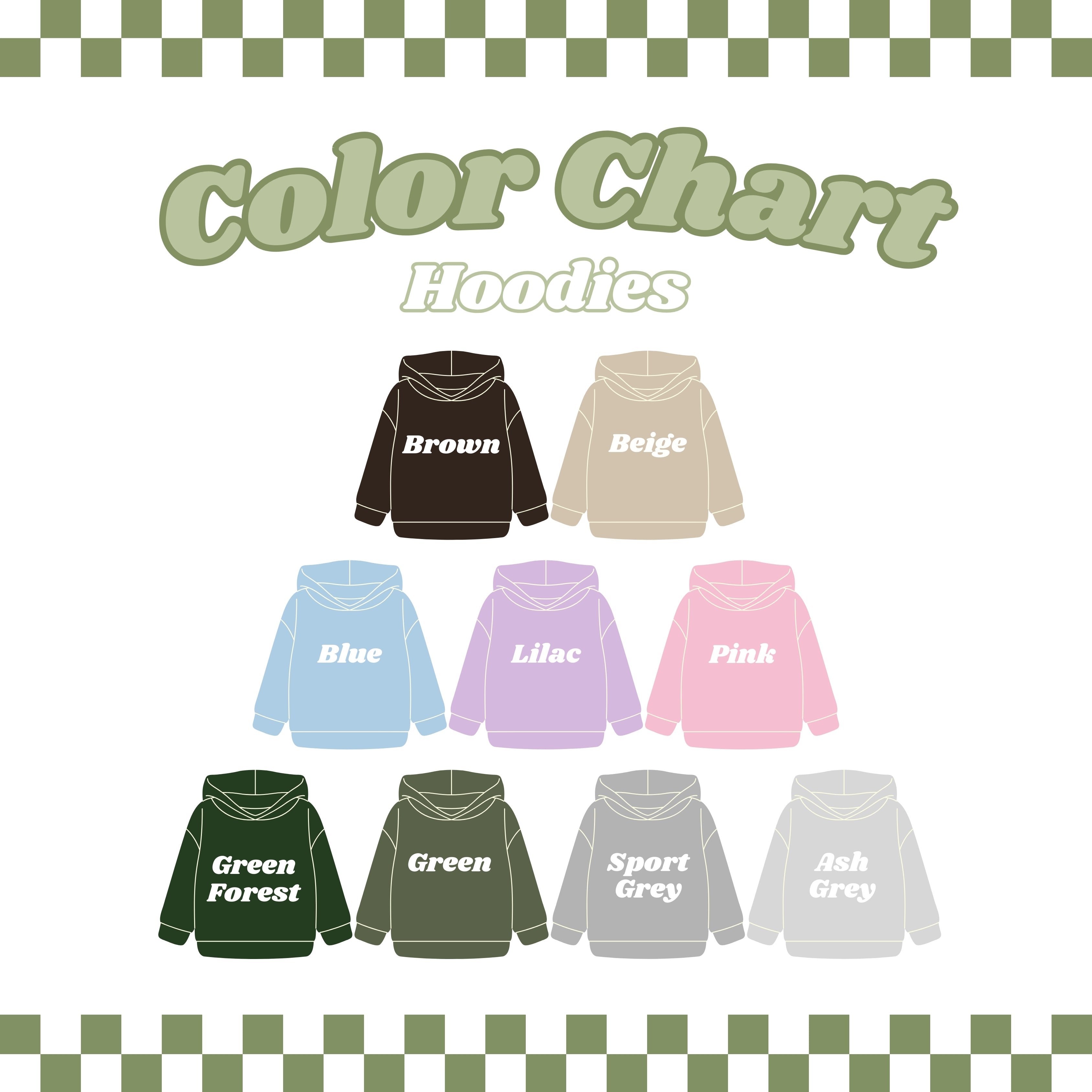 The Junimos Hoodie color chart by petimint offers nine options: Brown, Beige, Blue, Lilac, Pink, Green Forest, Green, Sport Grey, and Ash Grey. The gamer apparel is displayed under the title "Color Chart Hoodies" in three rows of three and is framed by a green checkered border.