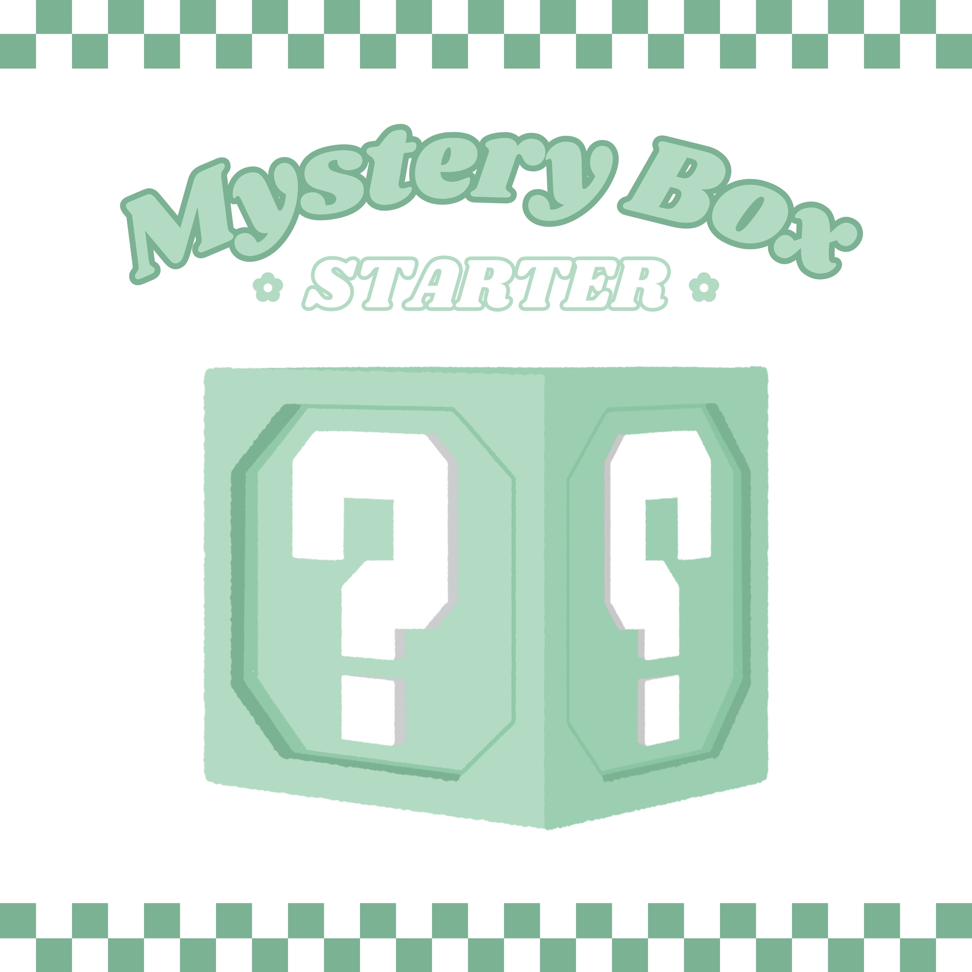 An image features a green box adorned with white question marks on each visible side. Above the box, in a stylish, wavy font, "Mystery Box Starter" is written. Perfect for the cozy gamer, this offering from petimint is framed by a green and white checkerboard border.