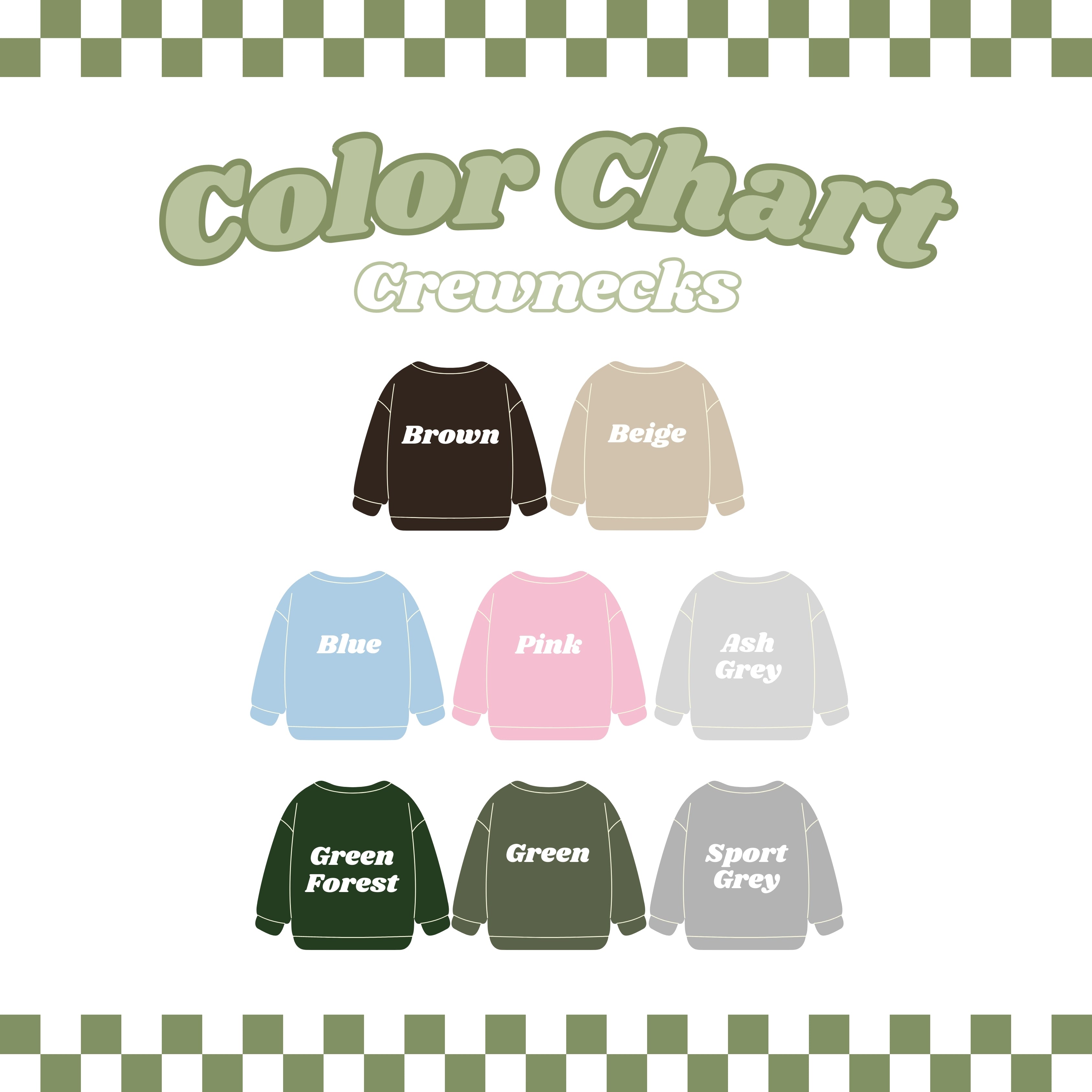 A color chart titled "Pumpkins Farm Fresh Crewneck Halloween Apparel" from the brand petimint showcases eight cozy crewneck sweaters in a variety of colors: Brown, Beige, Blue, Pink, Ash Grey, Green Forest, Green, and Sport Grey. The chart is adorned with a green and white checkered border. Perfect for celebrating Halloween in comfort and style.