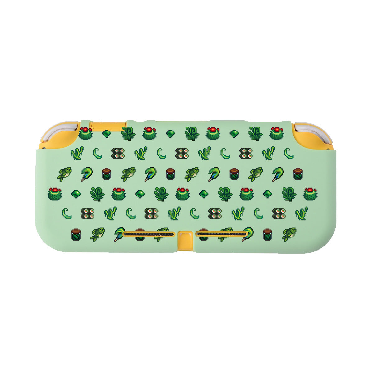 Introducing the "Green Stardew Items LITE Case for Nintendo Switch" by petimint! This light green handheld gaming console case is beautifully decorated with small green pixel art images, including plants, fruits, and other nature-themed icons. Perfect for the cozygamer, the case features charming yellow accents at the top and bottom.