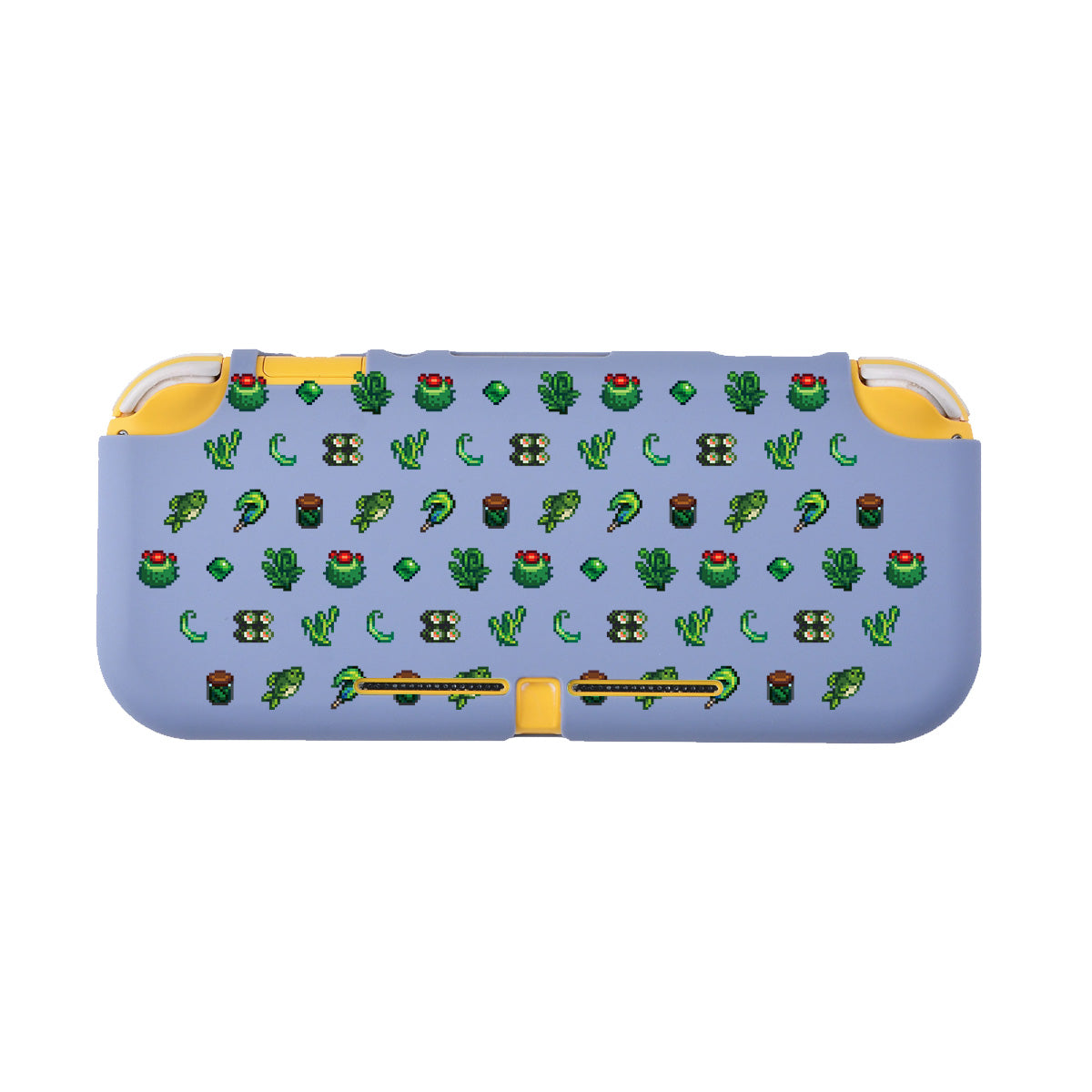 A grey Green Stardew Items LITE Case for Nintendo Switch by petimint adorned with various colorful pixel art icons, including plants, vegetables, flowers, fishes, and watering cans. The case has rounded corners and a smooth texture—perfect for the cozygamer in your life.