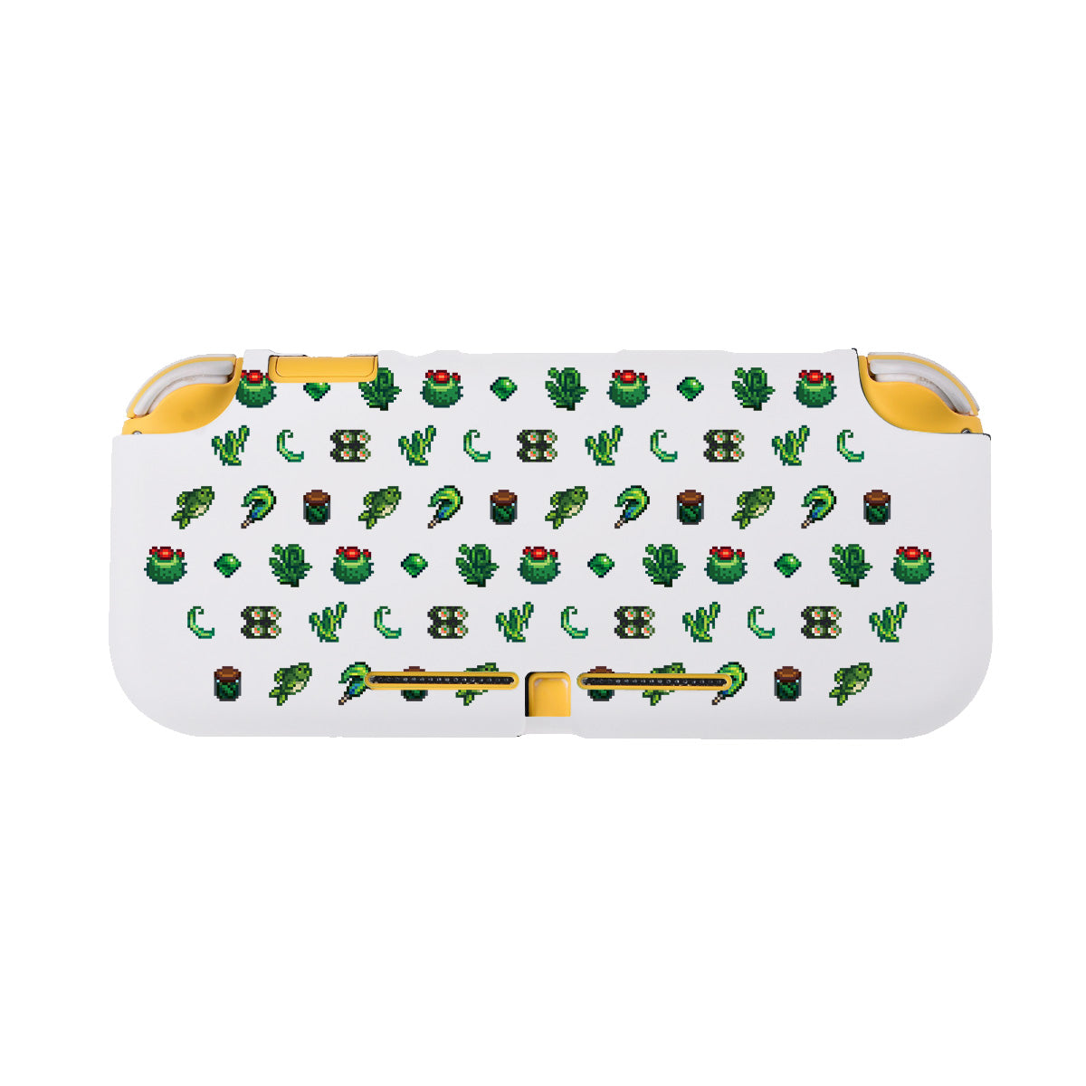 The Green Stardew Items LITE Case for Nintendo Switch by petimint boasts a white rectangular design featuring small, repeating pixelated images of green plants, red and green fruits, and brown objects. Ideal for any gamer, the case is yellow on the sides and includes the detailed design covering its entire front surface.