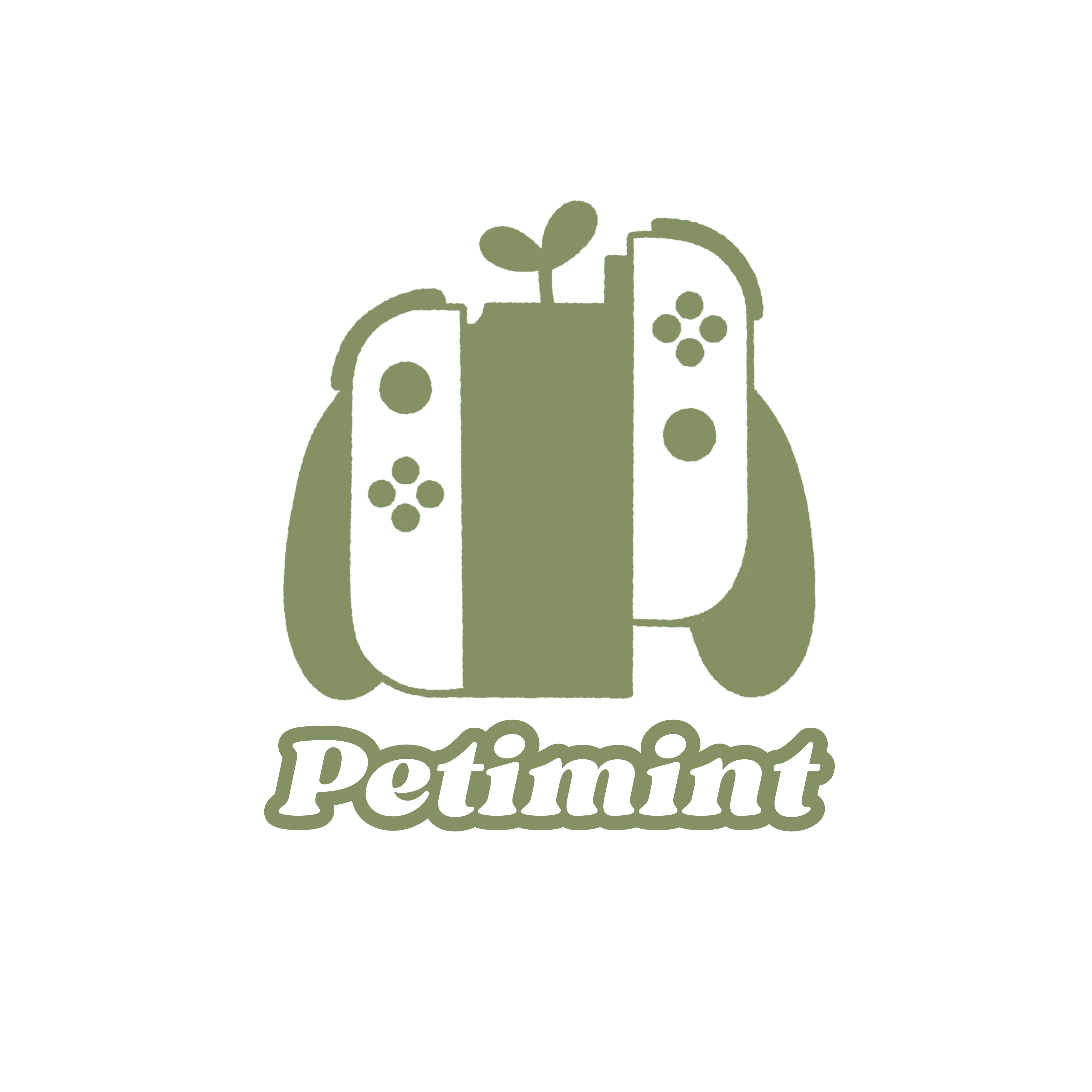 A green and white logo featuring a stylized video game controller with a small sprout growing at the top center. Below the controller, the word "Petimint" is written in bold, white text with a green border, embodying the essence of cozy gamer vibes.