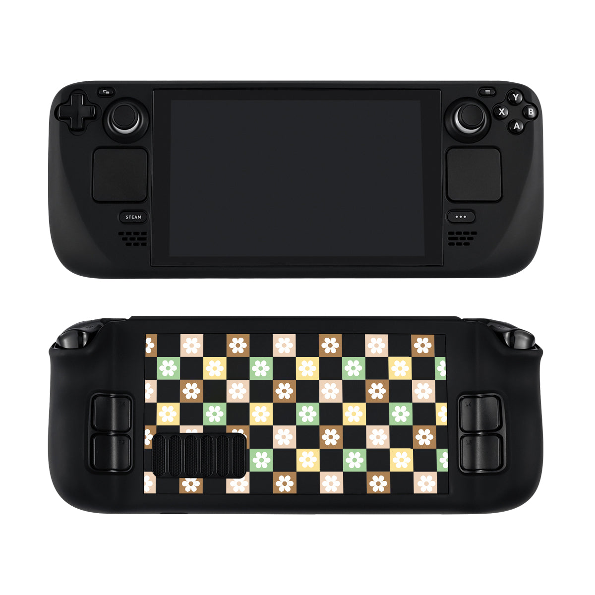 A Steam Deck encased in a petimint Checkered Seasonal Flowers Steam Deck Case is displayed from both front and back views. The front of the black handheld gaming console showcases various buttons and joysticks centered around a large screen, while the back exudes a cozygamer vibe with its decorative checkered pattern featuring white flowers interspersed with green, brown, and beige squares.