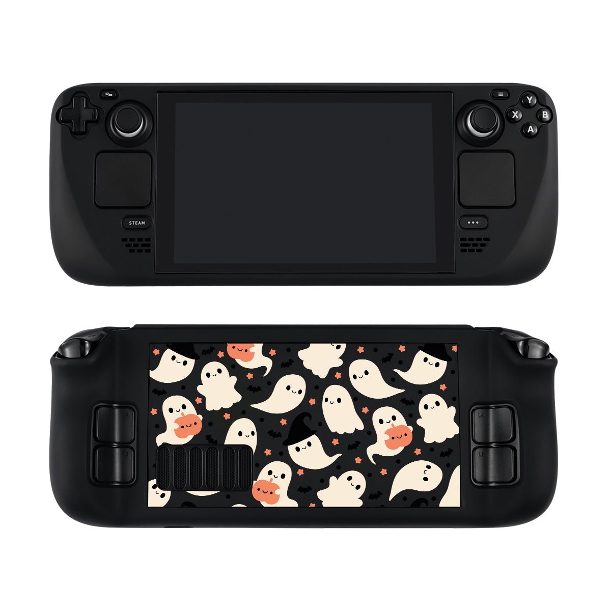 Here is an image showing the Spooky Ghost Steam Deck Case by petimint. The front reveals the screen and controls with joysticks and buttons, while the back boasts a custom cover adorned with a charming pattern of smiling ghosts in white, orange, and black surrounded by stars—a perfect addition for any cozygamer looking to personalize their setup.