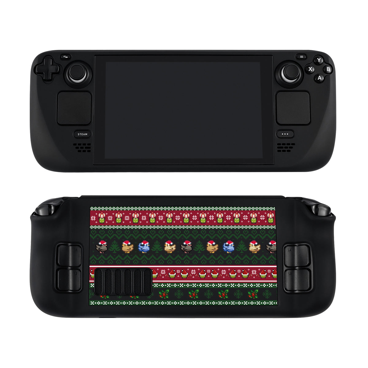 A handheld gaming device shown from both the front and back. The front has a large screen and various buttons. The back features a festive Stardew Christmas Steam Deck Case by petimint with characters from a video game in red, green, and black colors, perfect for the cozygamer who loves their personalized gaming experience.
