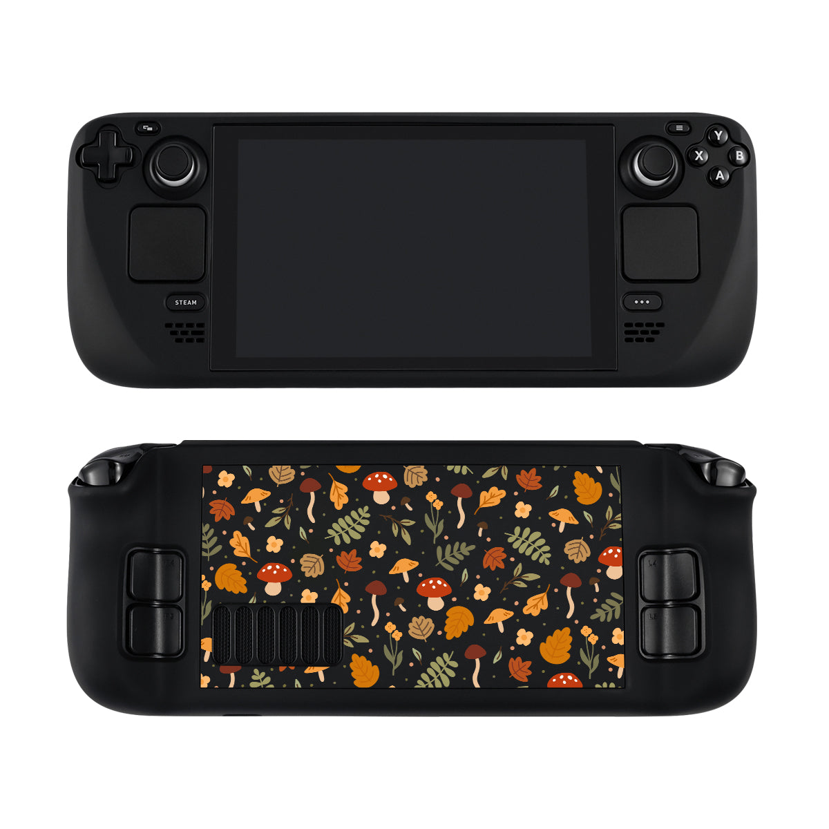 Two views of the Cozy Autumn Steam Deck Case by petimint. The front side reveals a screen with control buttons on both sides, resembling a modern controller layout. The back side showcases a hard plastic cover in black, adorned with a whimsical autumn-themed pattern featuring leaves, fungi, and acorns, offering stylish protection for your console.