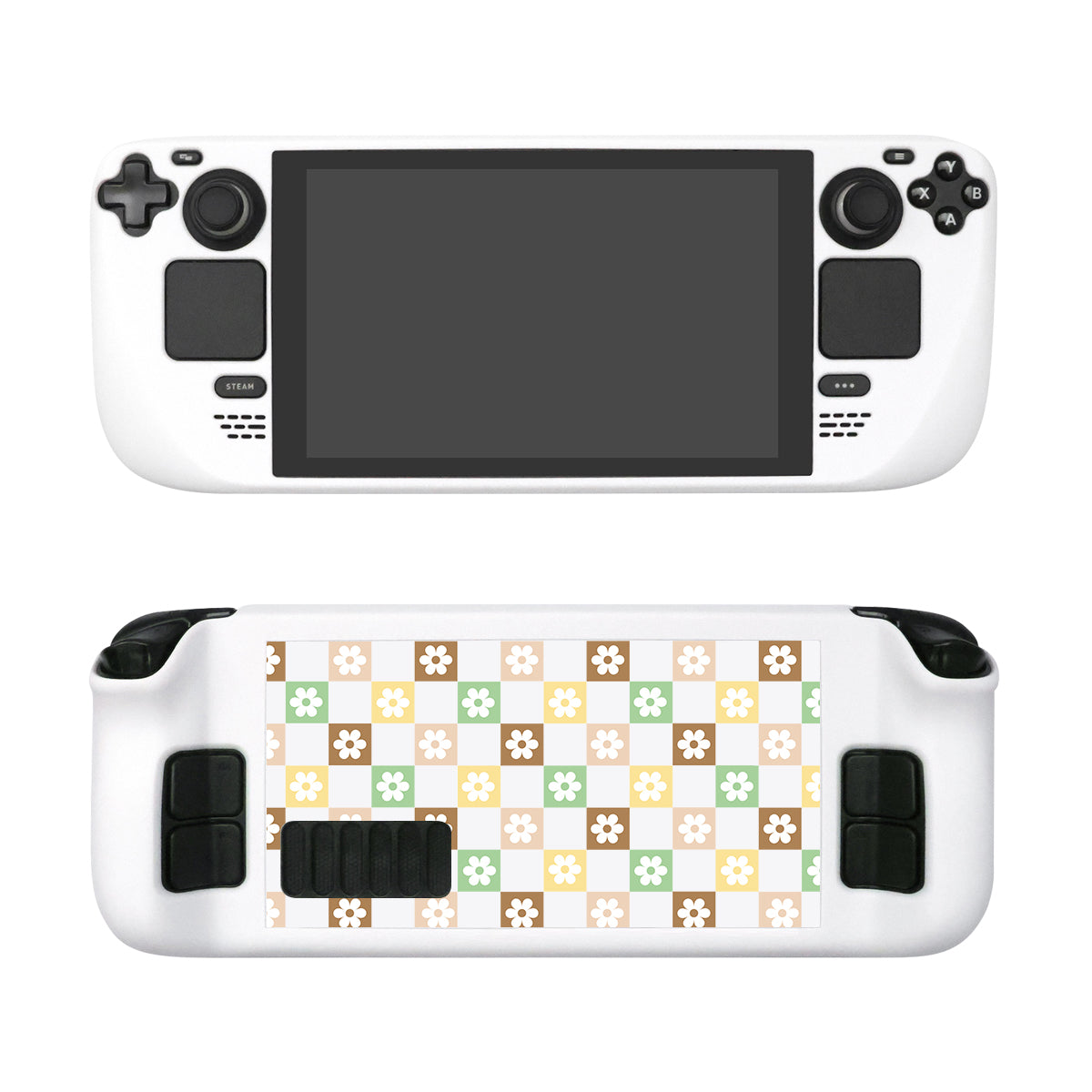 An image of the white Checkered Seasonal Flowers Steam Deck Case by petimint. The front side displays a large screen, control buttons, and joysticks. The back side showcases a colorful, checkered pattern adorned with flowers in various shades of brown, green, yellow, and white—perfect for any gamer’s collection.