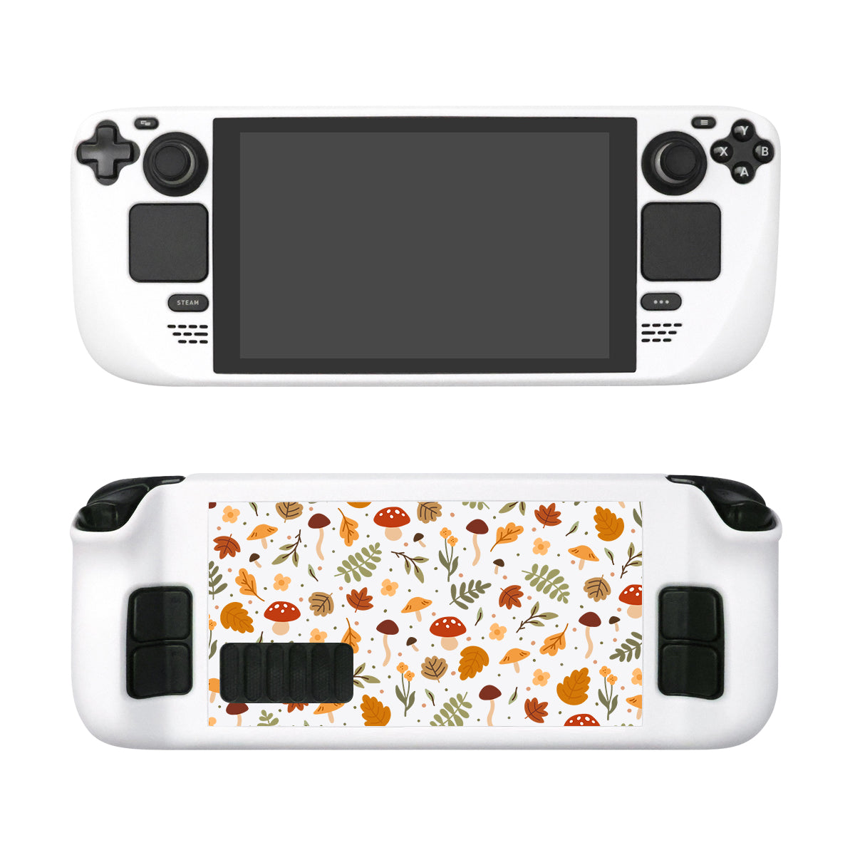 The Cozy Autumn Steam Deck Case by petimint is depicted from both the front and back. The front showcases buttons and a screen, while the back is adorned with a vibrant pattern of leaves, mushrooms, and twigs. This white hard plastic cover offers superb protection for your console and features an anti-scratch design for enhanced durability.