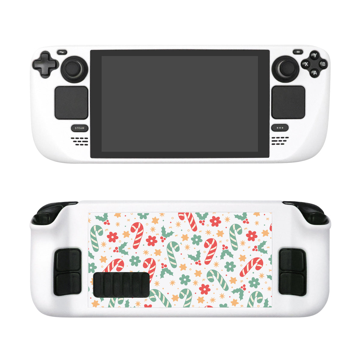 The Candy Cane Steam Deck Case for Nintendo Switch by petimint is shown from the front and back. The front view features a large screen flanked by control buttons and joysticks, while the back view displays a festive pattern with feathers and flowers in red, green, and yellow shades on a white background.