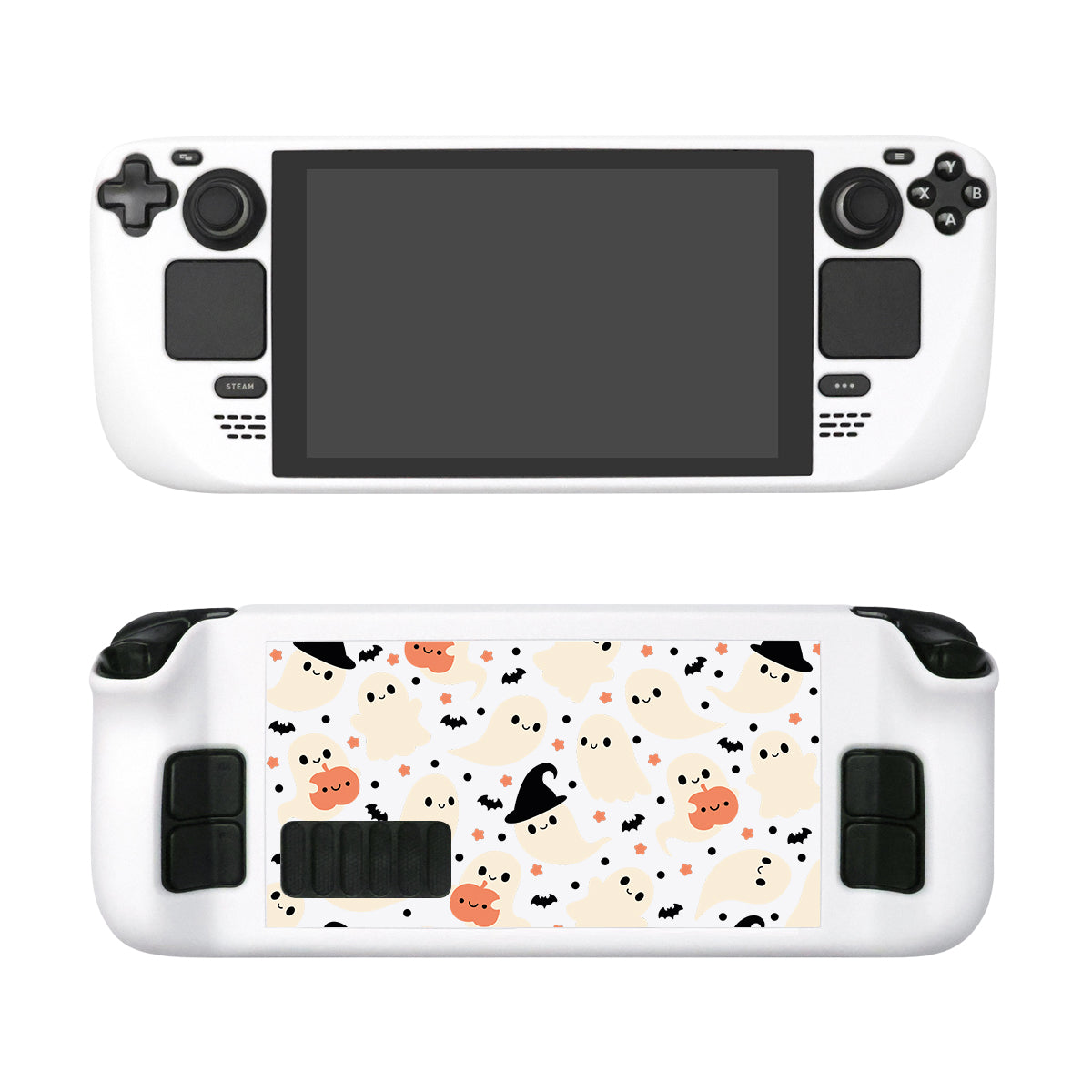 Introducing the Spooky Ghost Steam Deck Case from petimint—this handheld gaming console comes with a white case, black controls, and a screen on the front. The back is beautifully adorned with a festive Halloween-themed pattern showcasing cute ghosts, pumpkins, bats, and witch hats in pastel colors—a perfect pick for the cozy gamer looking to add some seasonal flair.