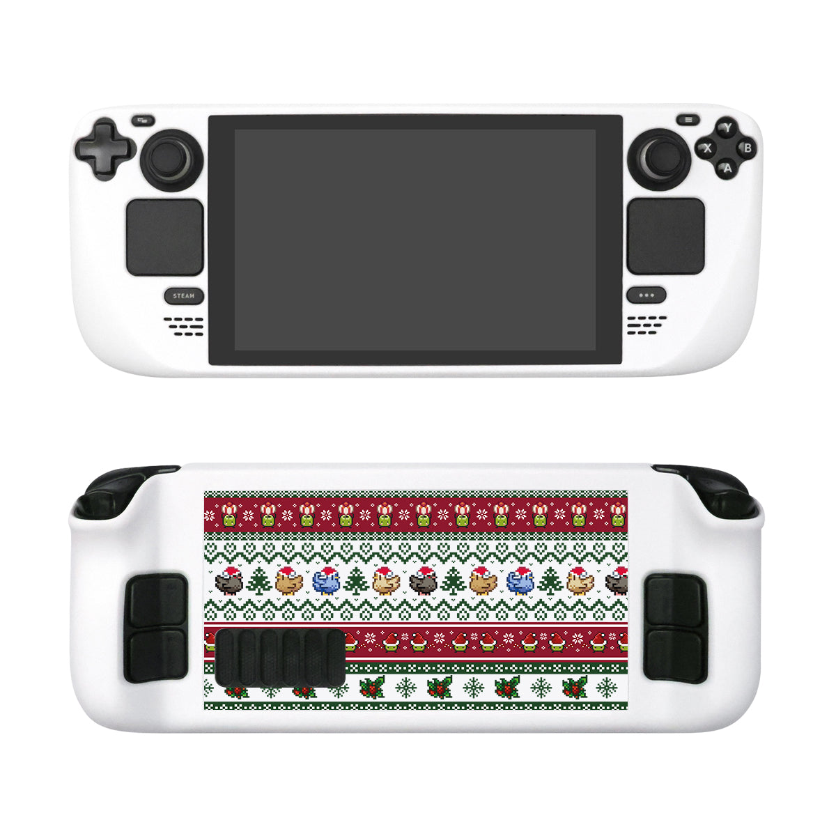 Introducing the Stardew Christmas Steam Deck Case by petimint, a white handheld gaming console case with a screen in the center, flanked by buttons and control knobs on either side. The back of the console exudes a cozygamer vibe, featuring a decorative red, green, and white pattern reminiscent of a festive holiday sweater with pixelated graphics.