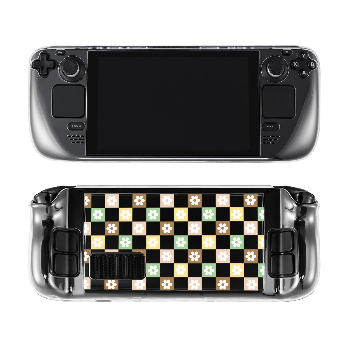A Checkered Seasonal Flowers Steam Deck Case by petimint, showcasing the front and back views on a handheld gaming console. The front reveals a black screen flanked by control buttons on either side, while the back displays a cozygamer-approved clear case adorned with green, black, yellow, and white checkered patterns interspersed with small flower designs.