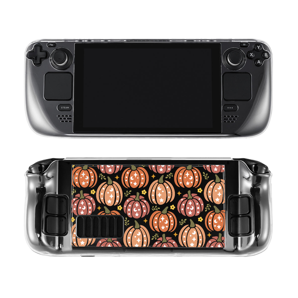 A handheld gaming console, reminiscent of the Nintendo Switch, is shown from the front and back. The screen and control buttons are displayed on the front view, while the back reveals a festive design crafted by petimint—a clear Pumpkins Steam Deck Case for Nintendo Switch featuring orange pumpkins with various facial expressions against a black background. It's a perfect accessory for any gamer.