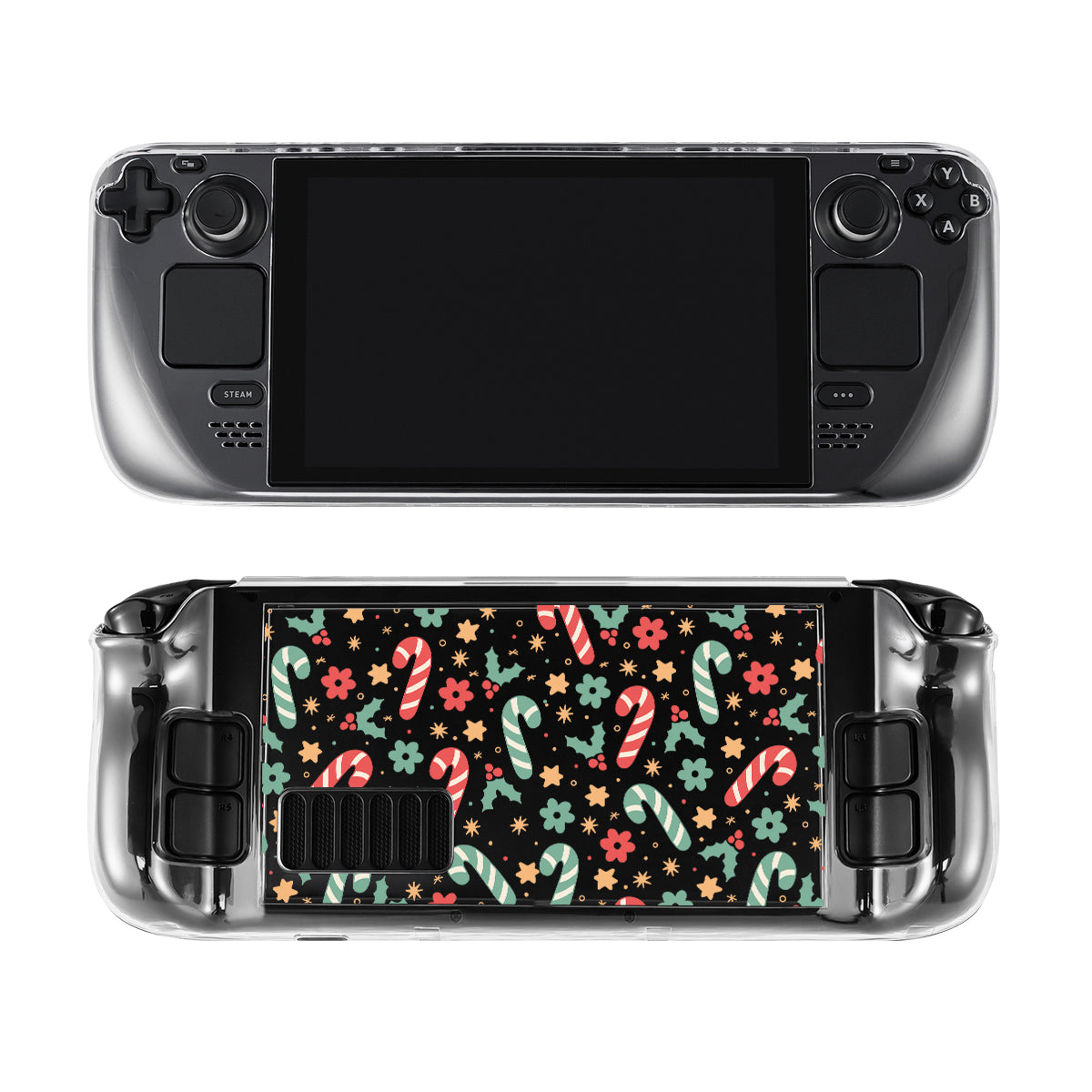 Check out the Candy Cane Steam Deck Case for Nintendo Switch by petimint, showcased from both front and back. The front displays a large screen surrounded by control buttons on each side. The back is adorned with a festive pattern of candy canes, snowflakes, and stars on a black background—an ideal accessory for any cozy gamer this holiday season. Available in clear color, this case perfectly blends style with functionality.