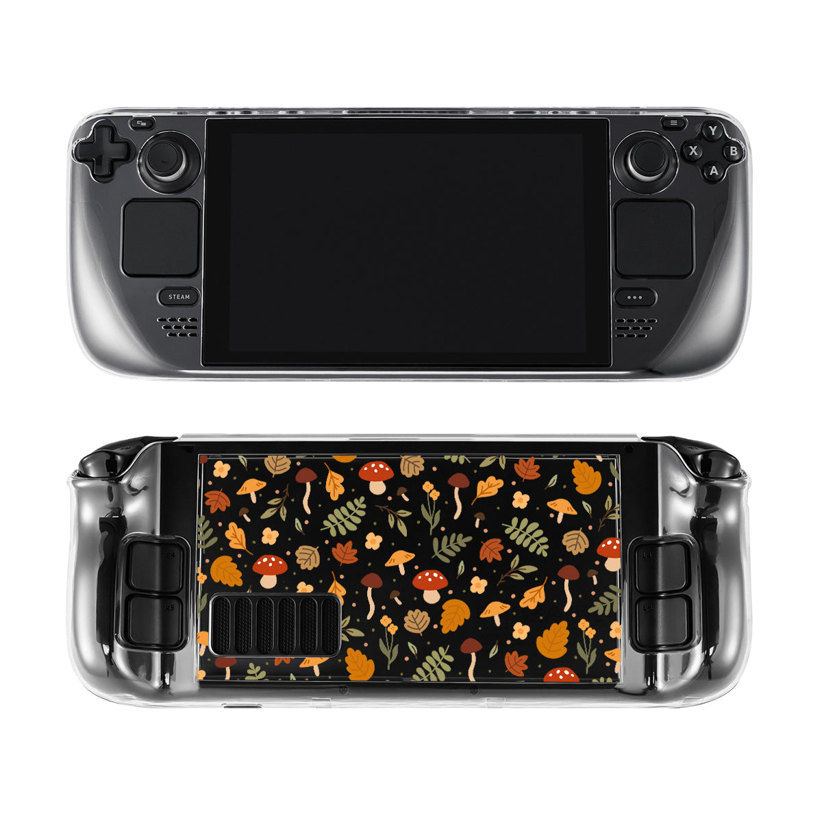 The image showcases the petimint Cozy Autumn Steam Deck Case in clear color, covering a handheld gaming console. The case features a blank screen on the top and a decorative back panel displaying a colorful mushroom and leaf pattern. The front is adorned with various buttons and joysticks, while the back not only highlights the intricate design but also includes an anti-scratch hard plastic cover for added protection.