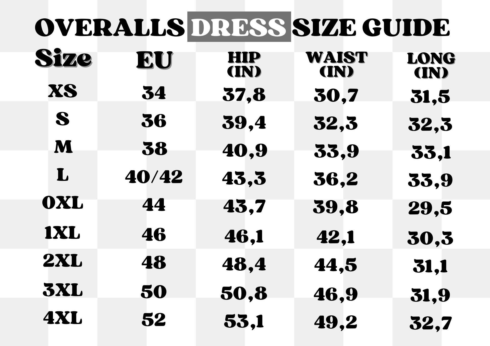 A size guide for the petimint Stardew Brown Cow Overalls Dress with EU sizes. Columns include Size (XS to 4XL), EU size (34 to 52), Hip in inches (37.8 to 53.1), Waist in inches (30.7 to 49.2), and Length in inches (31.5 to 39.2). Sizes increase incrementally,