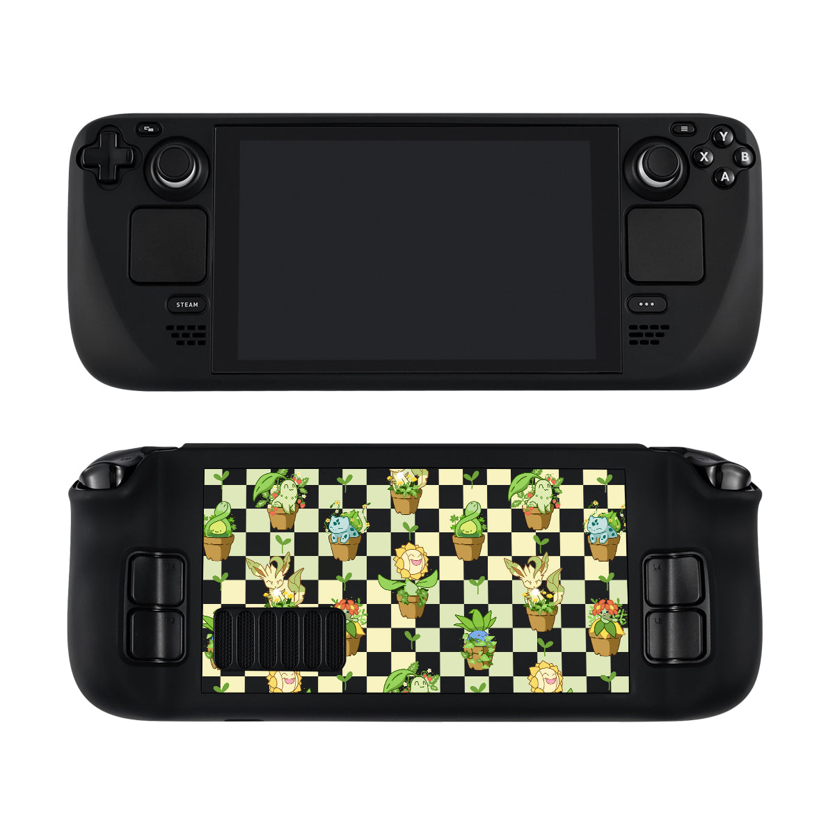 A product called the Pokepots Steam Deck Case by petimint is depicted, resembling a Nitnendo Switch in terms of structure. The console features a large screen and multiple control buttons, displayed from two different perspectives. The top view highlights the main screen, while the bottom view reveals a vibrant back cover adorned with a checkered pattern and charming potted plant illustrations. The case comes in black color.