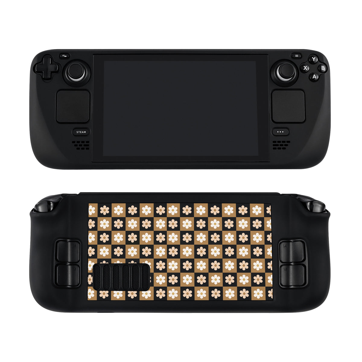 The Cozy Checkered Flowers Steam Deck Case by petimint is a handheld gaming device accessory in black that boasts a large screen, directional pad, joystick, and various buttons on the front. The back showcases a decorative design featuring flowers and squares, along with additional buttons and hand grips. Made from quality hard PC material, it offers full protection against scratches.