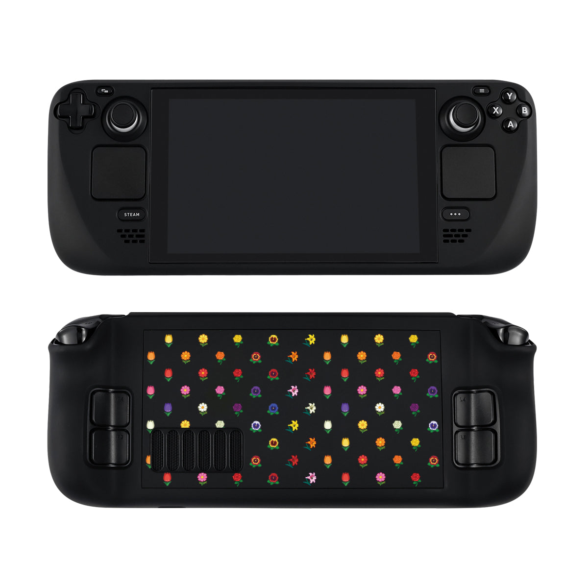 A Flower Crossing Steam Deck Case by petimint, similar in style to a Nintendo Switch, is shown with two views: front and back. The front display is off, showcasing the control buttons. The back is adorned with colorful flower stickers arranged in rows on its black surface, giving it a vibrant and decorative appearance that any gamer would appreciate.