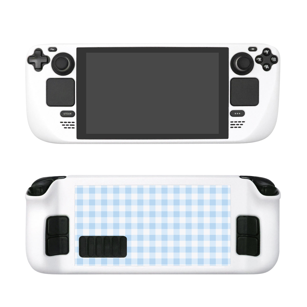 Top and back views of the petimint's Picnic Steam Deck Case in blue. The front features a screen, directional pad, various buttons, and thumbsticks, perfect for the cozygamer. The back showcases a distinctive blue and white checkered pattern with additional buttons reminiscent of classic gaming consoles.