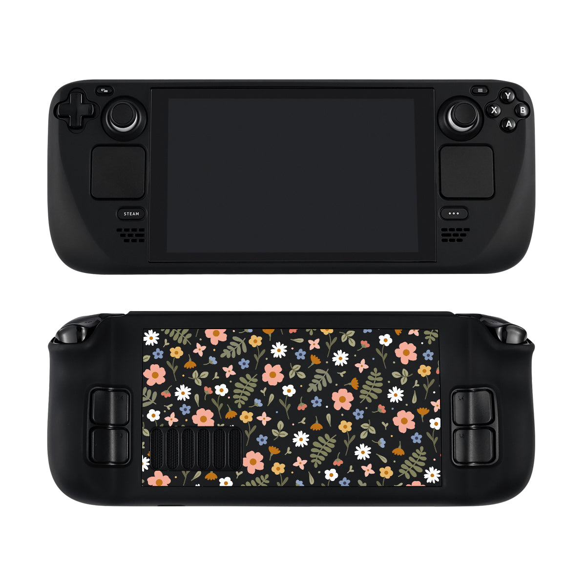 The Spring Steam Deck Case by petimint, designed for a handheld gaming device that brings to mind the Nintendo Switch, is showcased from both the front and back. The front highlights a substantial screen surrounded by buttons and joysticks, ideal for any gaming enthusiast. The back of the case is adorned with a vibrant floral design featuring pink, orange, and white flowers with green leaves set against a sleek black background.