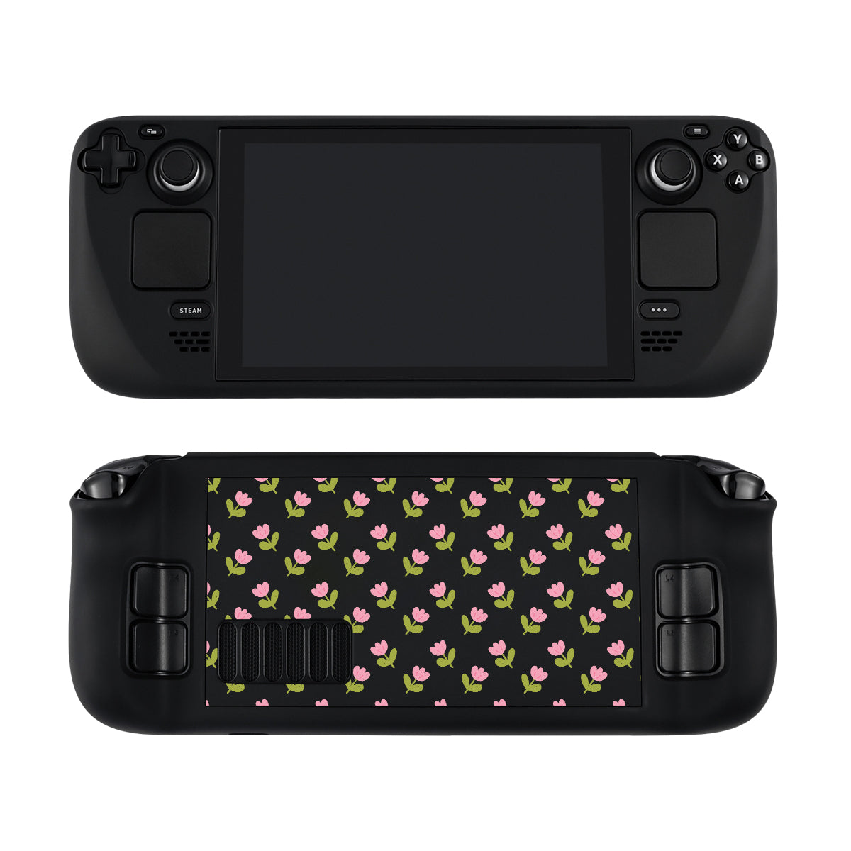 The Pink Tulips Steam Deck Case by petimint features a captivating design, with the front view highlighting its buttons and screen, while the back view showcases a charming decorative cover adorned with a small floral pattern of pink flowers and green leaves on a black background—ideal for cozygamers wanting to add some flair to their Steam Deck.