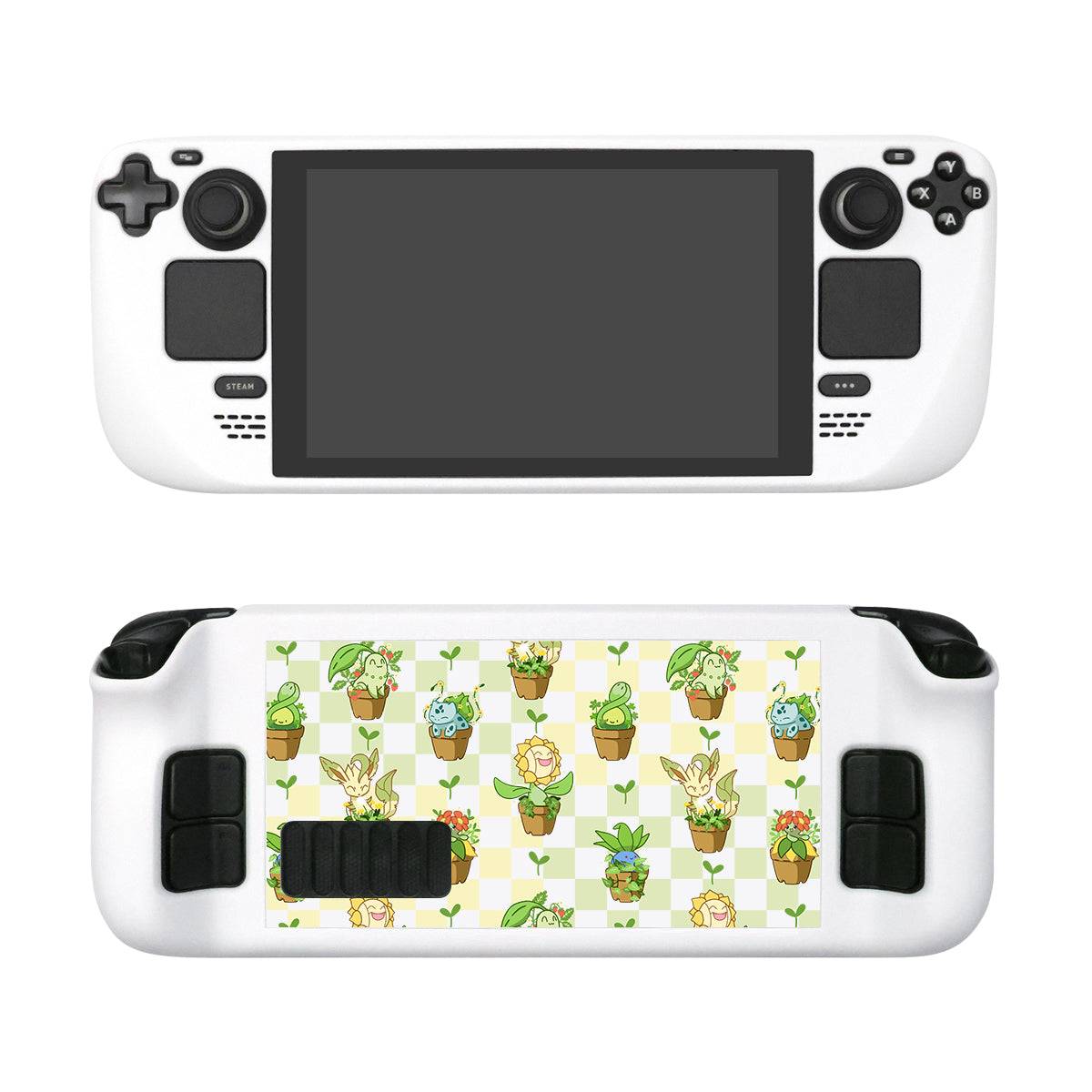 Introducing the Pokepots Steam Deck Case by petimint, a white handheld gaming console case perfect for any gamer. The front displays buttons, joysticks, and a large screen. The back features a vibrant design showcasing an array of cute, cartoonish plant creatures in pots, all arranged in a grid pattern on a light green checkered background.