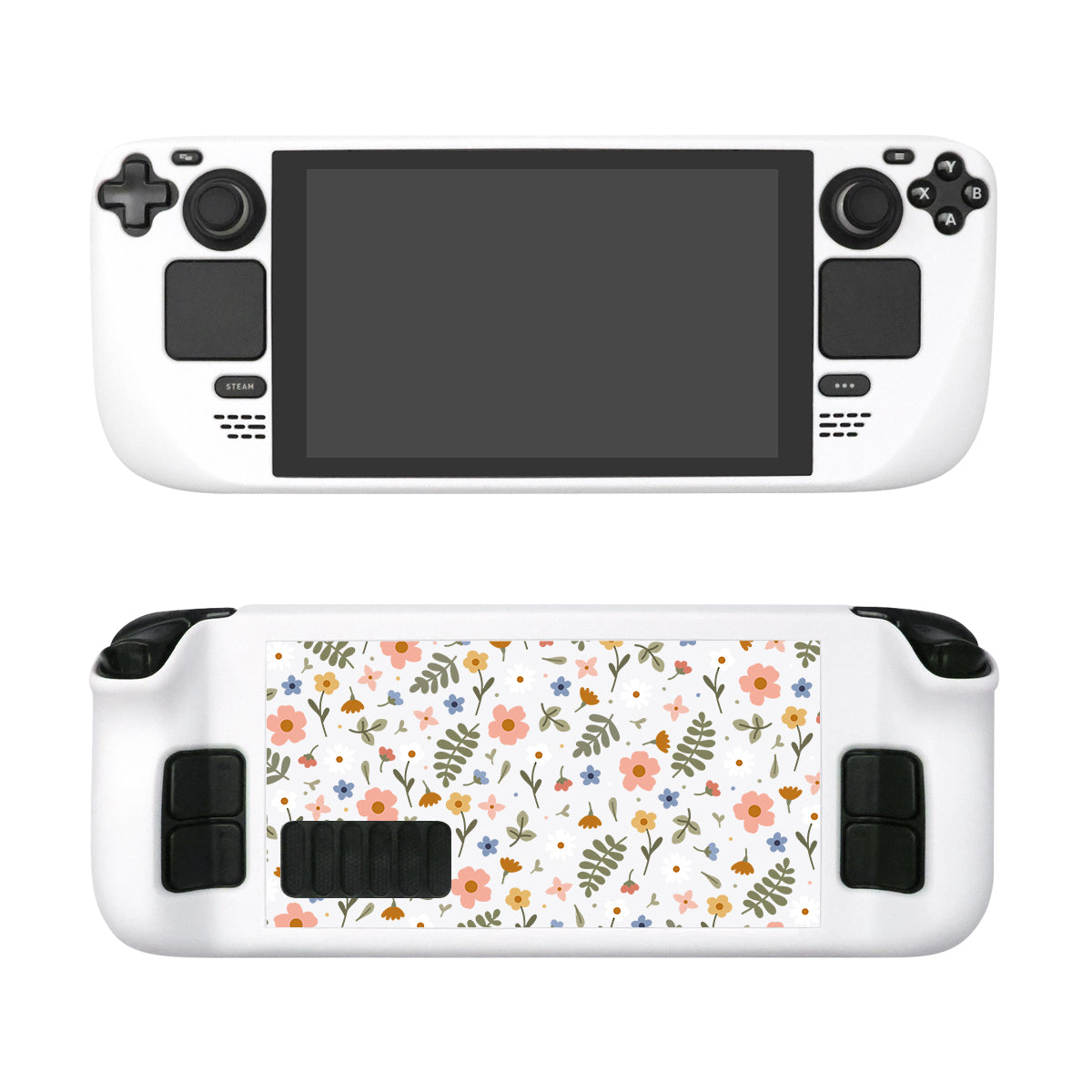 Introducing the Spring Steam Deck Case by petimint. This white handheld gaming console accessory features an ergonomic design with buttons, joysticks, and a large screen on the front. The back showcases a cozygamer aesthetic with a floral design in pink, yellow, and white flowers, green leaves, and small blue accents.
