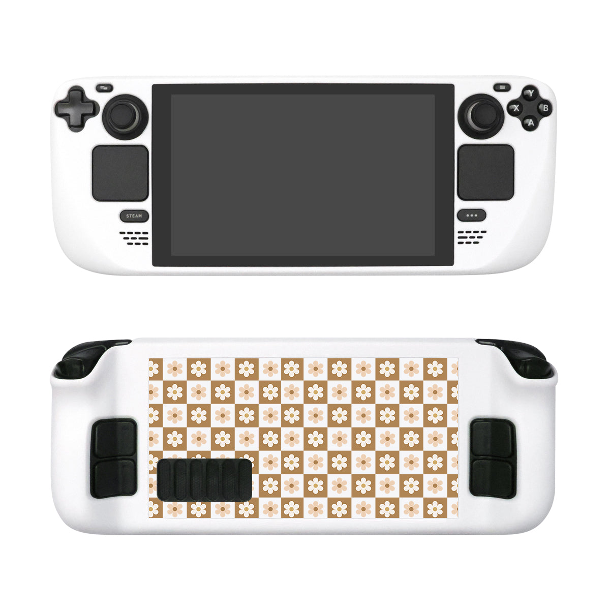 Introducing the Cozy Checkered Flowers Steam Deck Case by petimint—a sleek white handheld gaming console case. The front presents a blank screen accompanied by buttons and joysticks, while the back is adorned with an intricate patterned design of beige and white squares interspersed with floral motifs. Crafted from high-quality hard PC material for comprehensive protection, this case features an anti-scratch surface to ensure lasting durability.