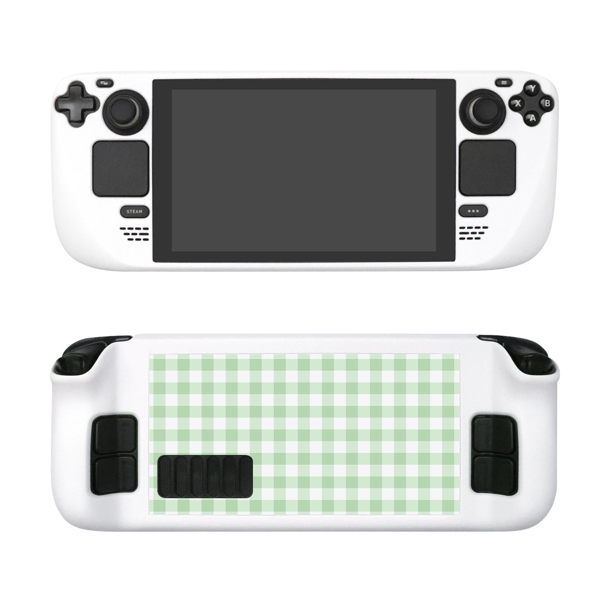 Introducing the Picnic Steam Deck Case by petimint: a sleek white handheld gaming console cover featuring a generous screen, dual analog sticks, a D-pad, and front-facing buttons. Perfect for the cozygamer in you, its back is adorned with an eye-catching green and white checkered design complete with additional buttons and grips for enhanced playability.