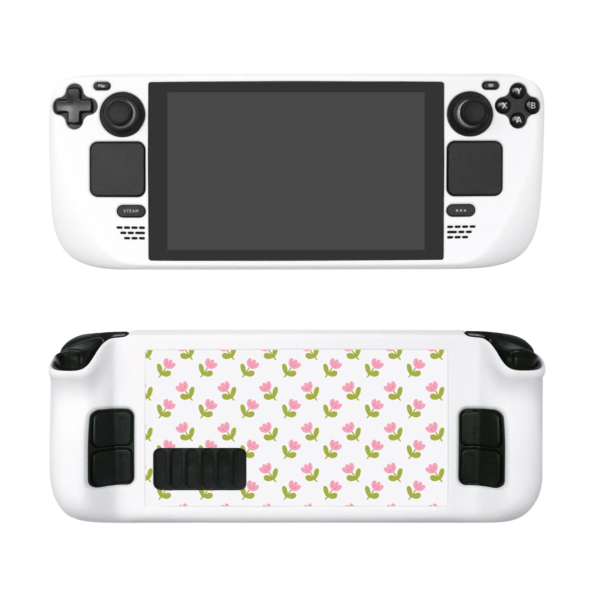 Front and back view of a white handheld gaming console. The front features buttons and a screen, resembling a mini apparel of fun, while it is adorned with the Pink Tulips Steam Deck Case from petimint, decorated with a floral pattern of pink and green flowers on the back.